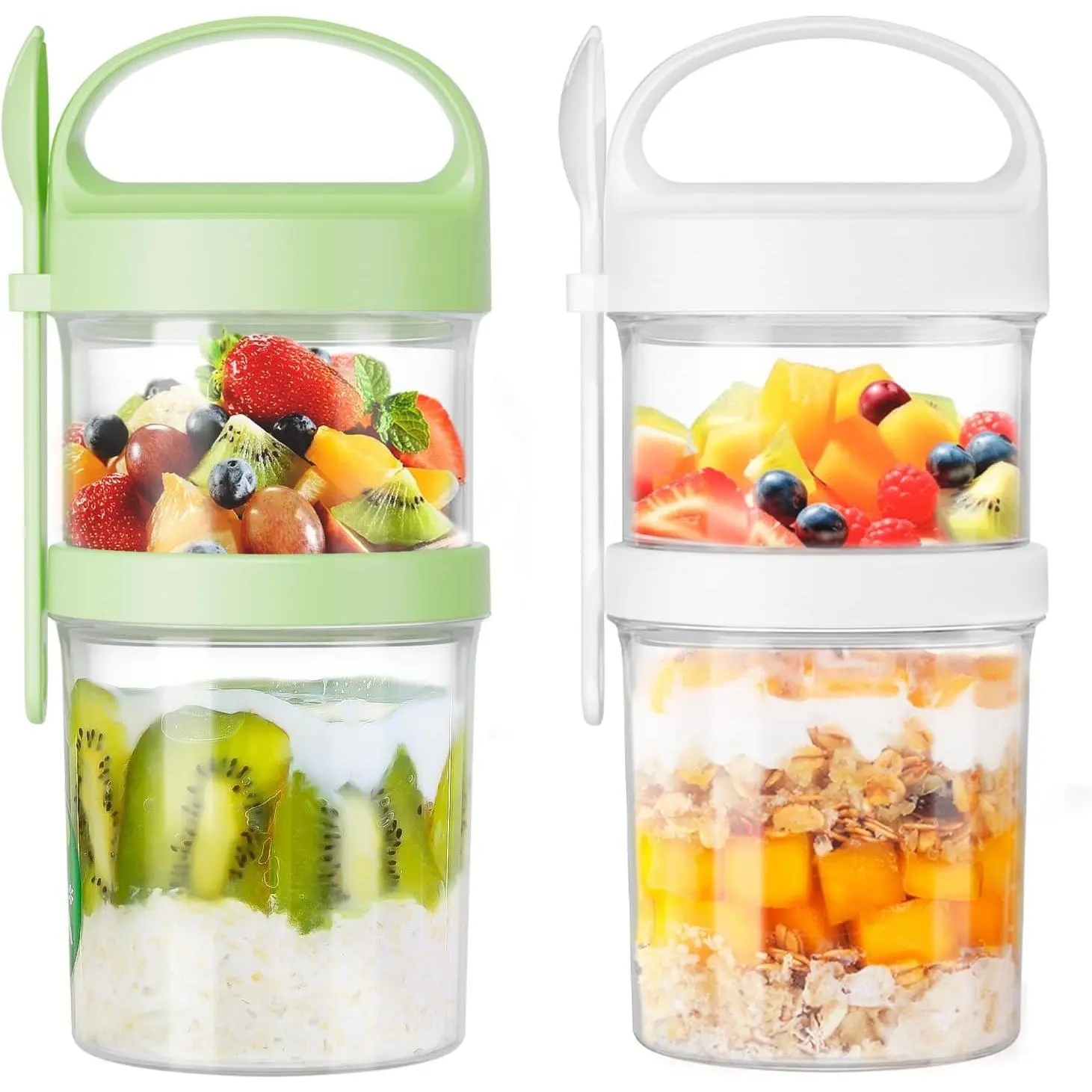 31oz Large Overnight Oats Containers with  and Spoons 2 Pack,-Layer Plastic Yogurt Parfait Cups Salad Pod Mason Jar  for Oatmeal Cereal Nut Fruit with Holder for Snack Meal Prep