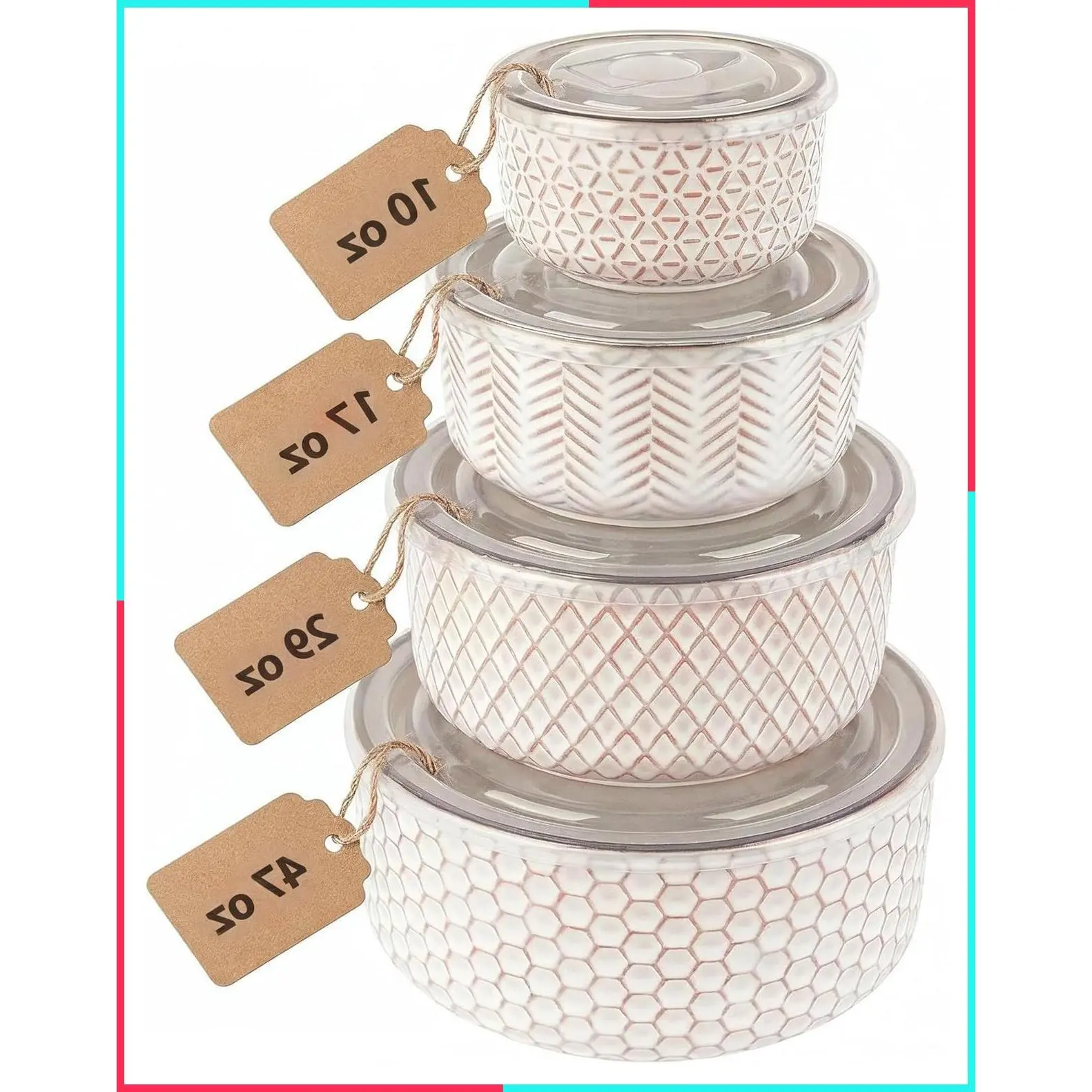 Ceramic Nesting Serving Bowls with Lids, Set of 4, Embossed Stackable Bowls for Kitchen Prep & Gifting, Microwave and Dishwasher Safe, 10/16/29/47 oz, Narbonne Collection (Ivory)