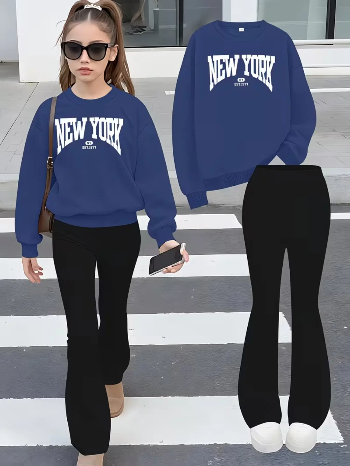 Girls' Fall Winter Fashion Printed Casual Long Sleeve Round Neck Sweatshirt Set, Knit Bell Bottom Pants Two Piece, Cozy Layered Look, Graphic Print Set
