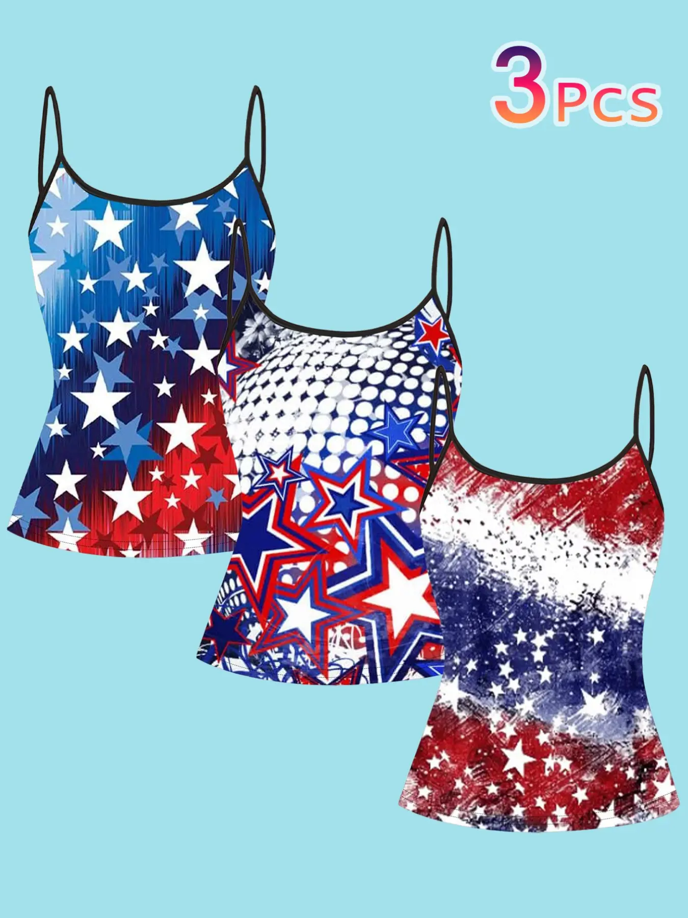 3-Pack Women American Independence Day Star Spangled Print Strapless Tank Tops, Blue Gradient Slim Fit Casual Wear
