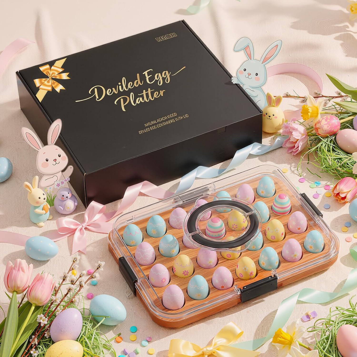 Deviled Egg Containers with Lid Easter Gifts Set (28 Eggs), 2026 Upgraded Acacia Wooden Deviled Egg Tray Platter for Party, Kitchen for Women, The Lid is Dishwasher Safe (Black) Deviled Egg Containers with Lid Easter Gifts Set (28 Eggs), 2026 Upgraded Acacia Wooden Deviled Egg Tray Platter for Party, Kitchen for Women, The Lid is Dishwasher Safe (Black)