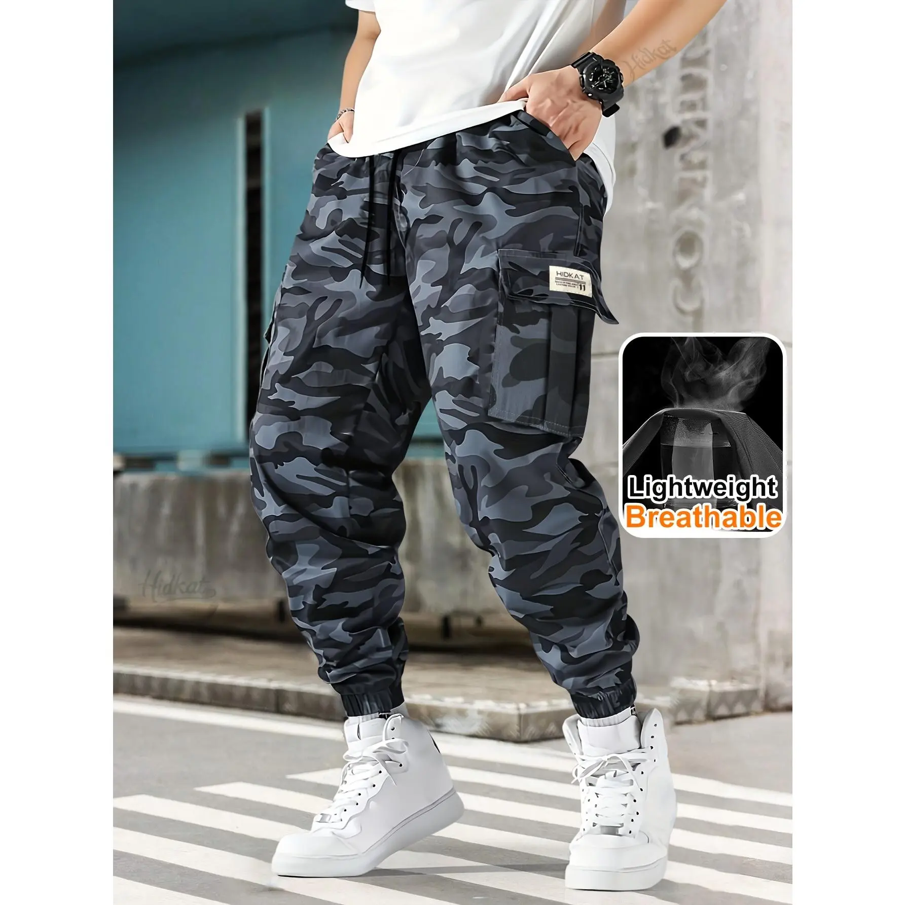 Men's Outdoor Trousers, Lightweight Breathable Camo Cargo Joggers with Multi-Pockets for Street Fashion & Hiking, Camo Print, Sporty Chic, Adjustable, Universal, Outdoor Hiking, Loose Fit, Cargo Pockets, Athletic Cargo Joggers, Breathable Pocket Jogger