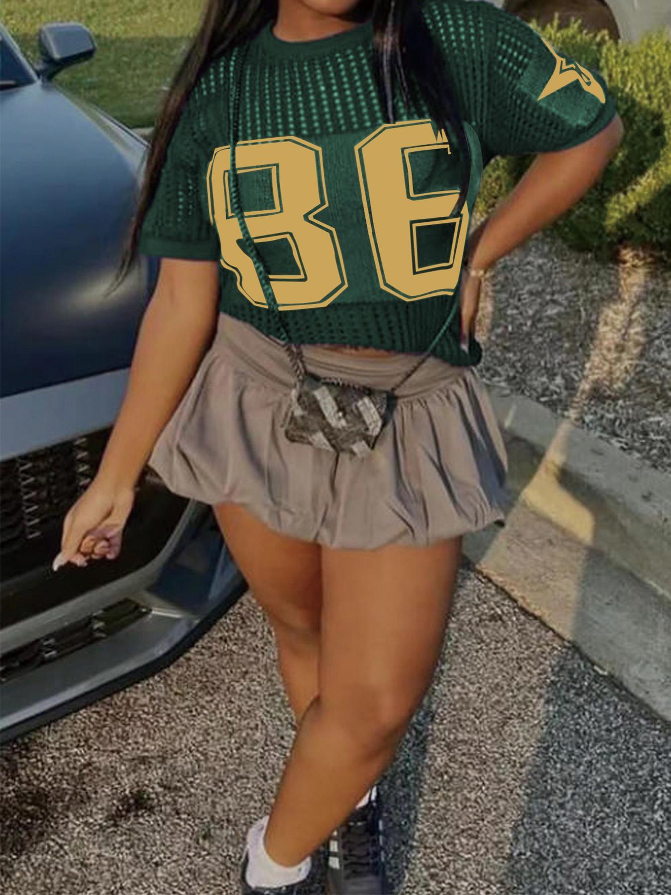 Women's Number Print Hollow Out Sweater, Casual Chic Fashion Round Neck Knit Top for Summer, Breathable Fashion Women's Knitwear for Daily Wear, Womenswear