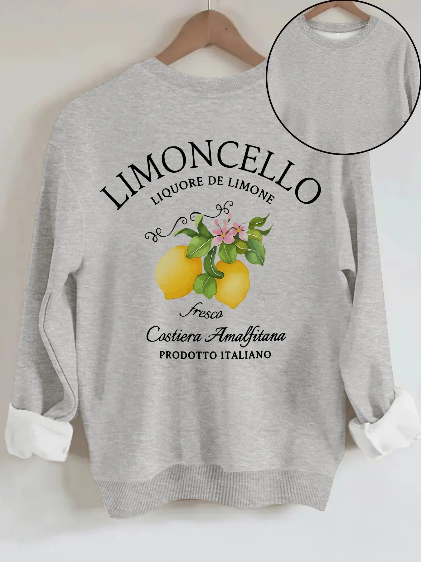 Women's Letter and Lemon Print Round Neck Fleece Sweatshirt, Casual Long Sleeve Top, All-Season Comfort, Durable Fabric