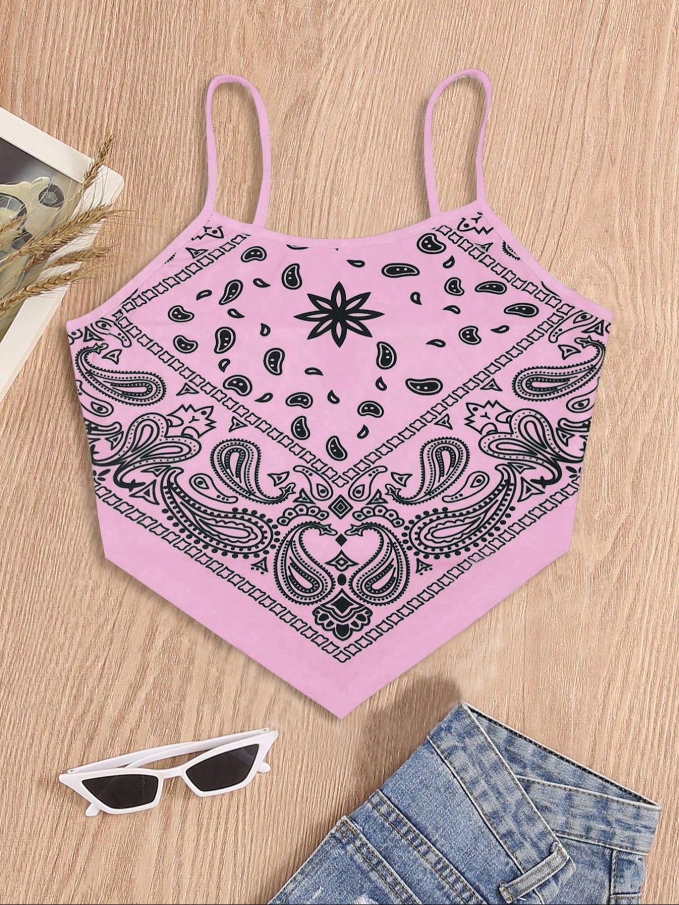 Women's Paisley Print Asymmetrical Hem Crop Cami Top, Summer Clothes Women, Boho Style Sleeveless Cropped Top for Summer, Fashion Casual Ladies Top for Beach Vacation Holiday