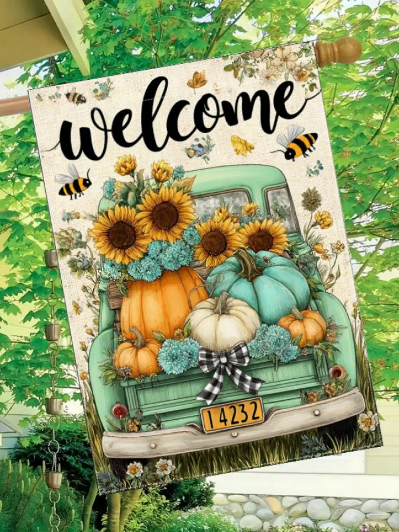 Autumn Thanksgiving Sunflower Pumpkin Garden Flag, 12x18 Inch Outdoor Decor, Double-Sided Home Courtyard Decoration, Lawn Banner Only