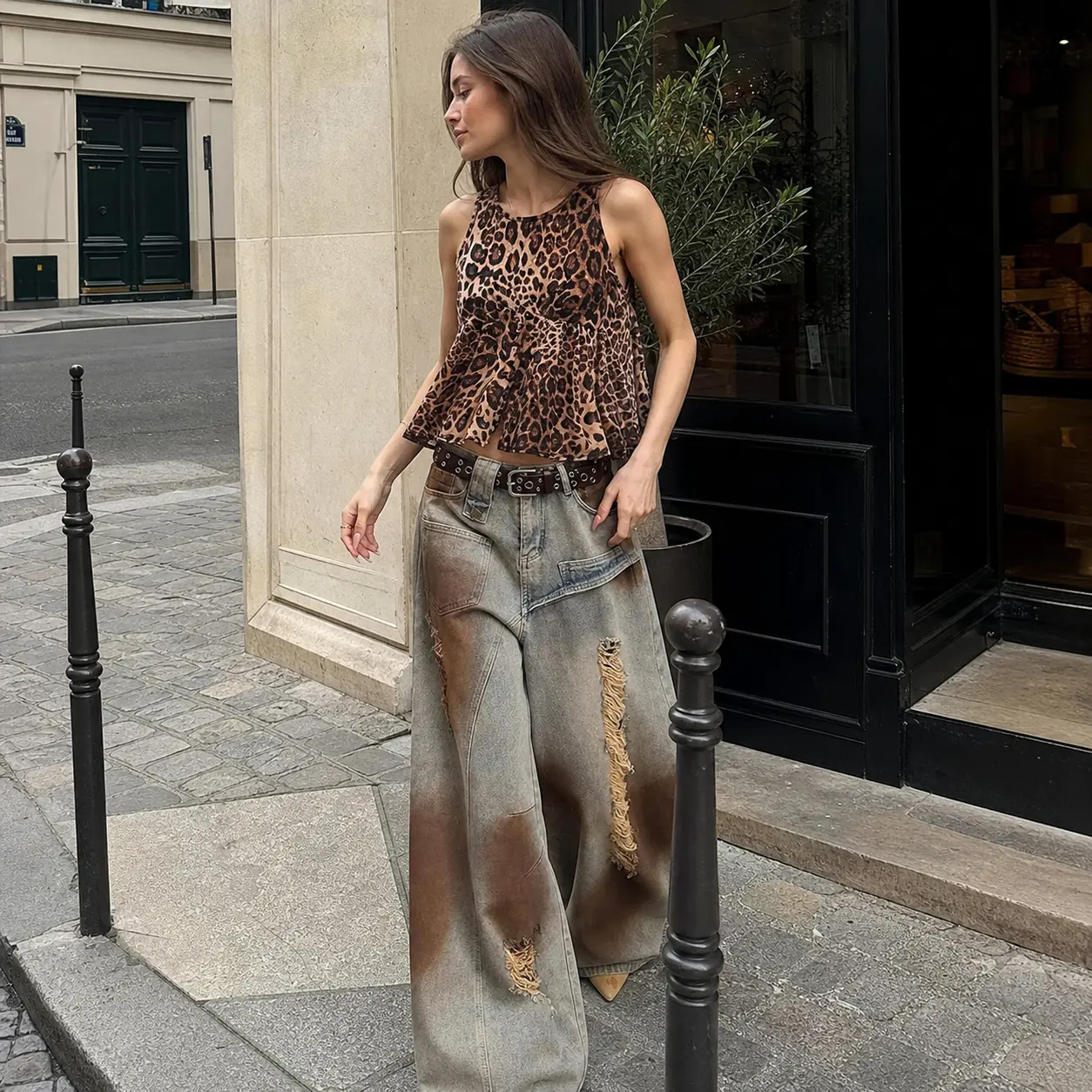 Women's Wide Leg Jeans - Distressed Ripped Design, Gray Brown Washed Grunge Streetwear Bottoms