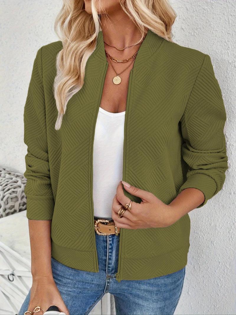 Women's Solid Textured Zip-Up Jacket, Casual Long Sleeve Outerwear for Spring & Fall, Ladies Clothes for Daily Wear, Womenswear