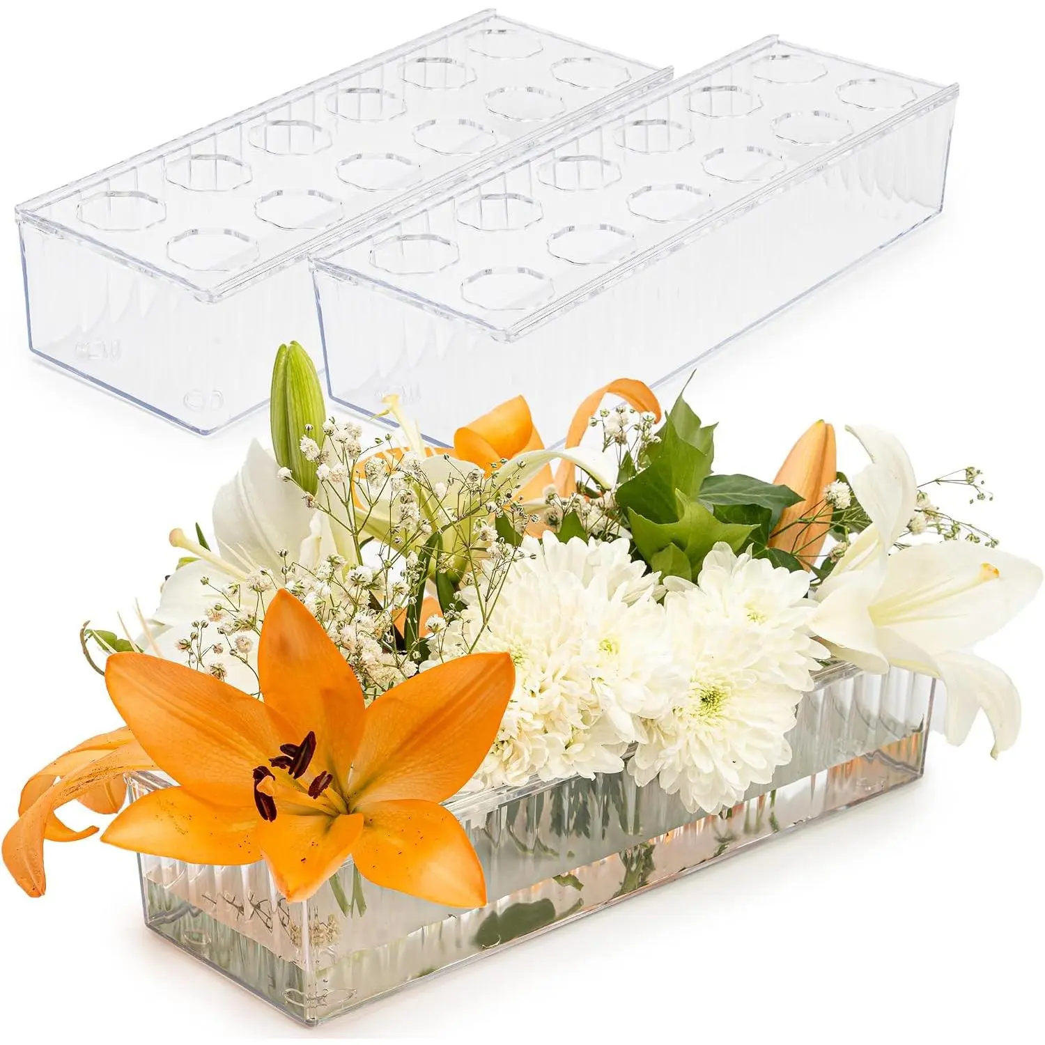 2 Pack Leak-Proof Wave Design  Long Vases for Centerpieces - 24" Clear Flower Rectangle Vase as Floral Centerpieces for Tables, Long Flower Vase with 12 Holes as Flower Arrangement Holder