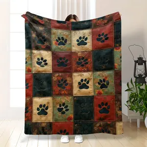 Luxury Paw Print Blanket Suitable For All-Season Use - Soft Flannel Plush Bedspread With Multi-Color Patchwork & Paw Design, Cozy Sofa Throw For Bed, Couch, Camping - Durable Polyester Bedding For Home Decor, Travel,