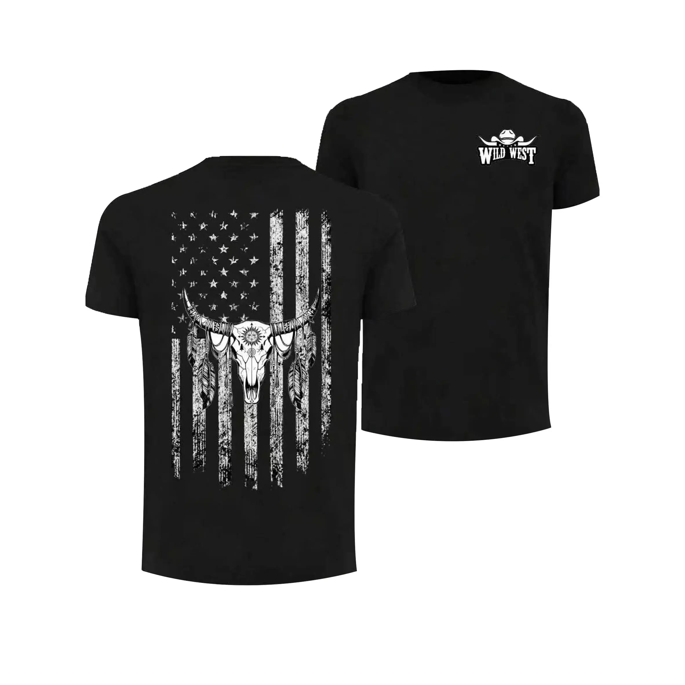 100%Cotton Unisex Double Sided Wild West Cow Skull American Flag Graphic T-Shirt Western Country Feather Bullhead Print White Cotton Short Sleeve Tee Patriotic Cowboy Casual Streetwear Top For Men Women Ranch Fans Daily Outfit
