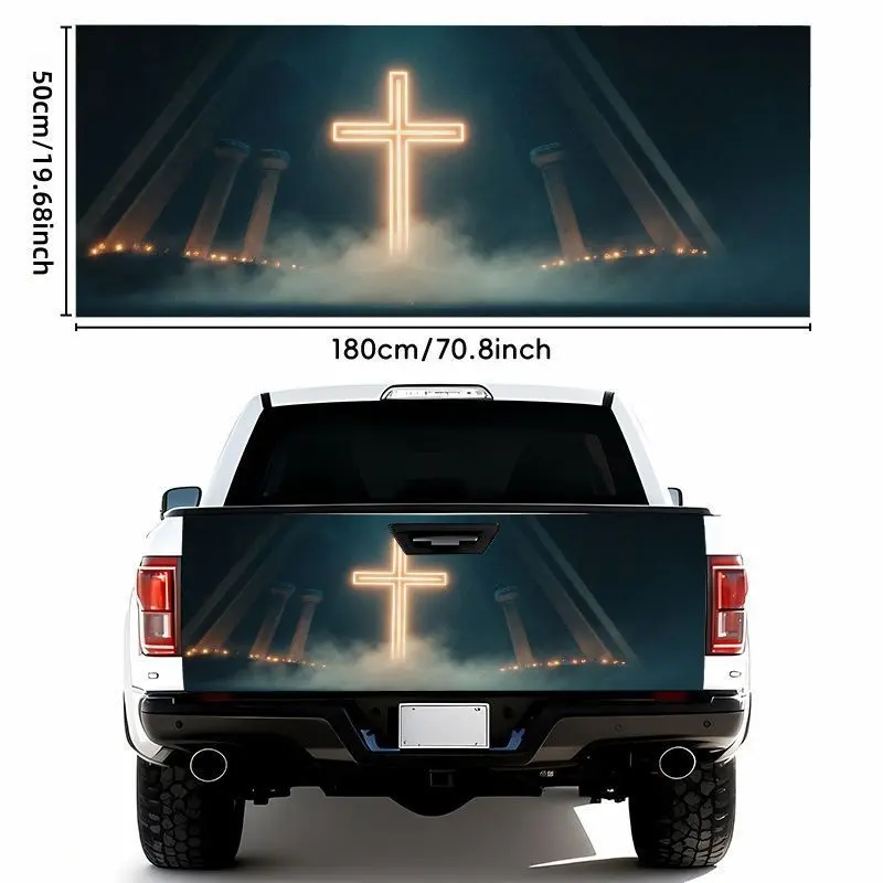 One Sheet of 19.69X 70.87inch Neon Cross Stickers, Specially Designed for a Misty Religious Background. This Waterproof Self-adhesive Decal Is Perfect for Tailgates and Bumpers, Featuring Dramatic Gothic Style with Architectural Elements and Soft Lig