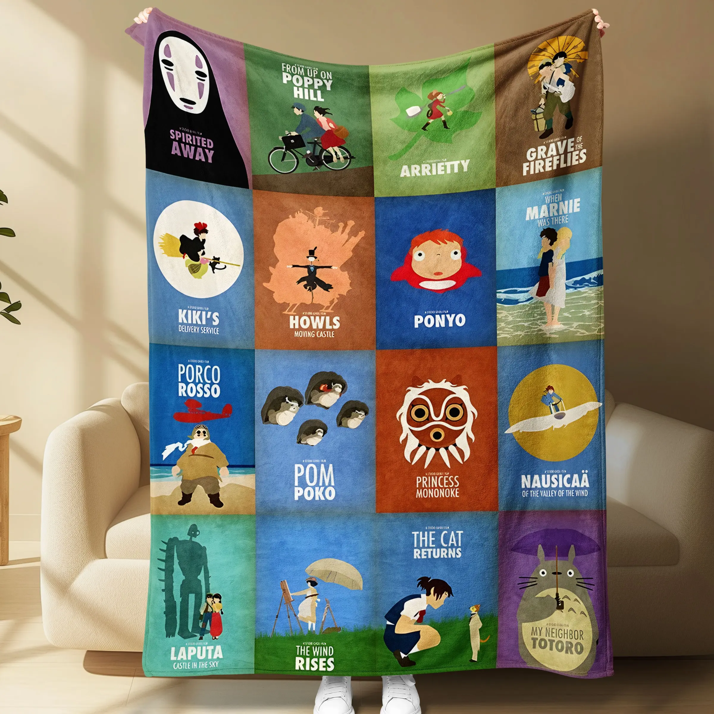 1PC Ghibli Inspired Anime Throw Blanket, Cozy Warm Blanket | Totoro, Spirited Away, Ponyo, Kiki's Delivery Service & More | Soft Couch Throw, Bed Cover, Dorm Room Decor | Anime Fan Gift for Christmas, Halloween, Birthday