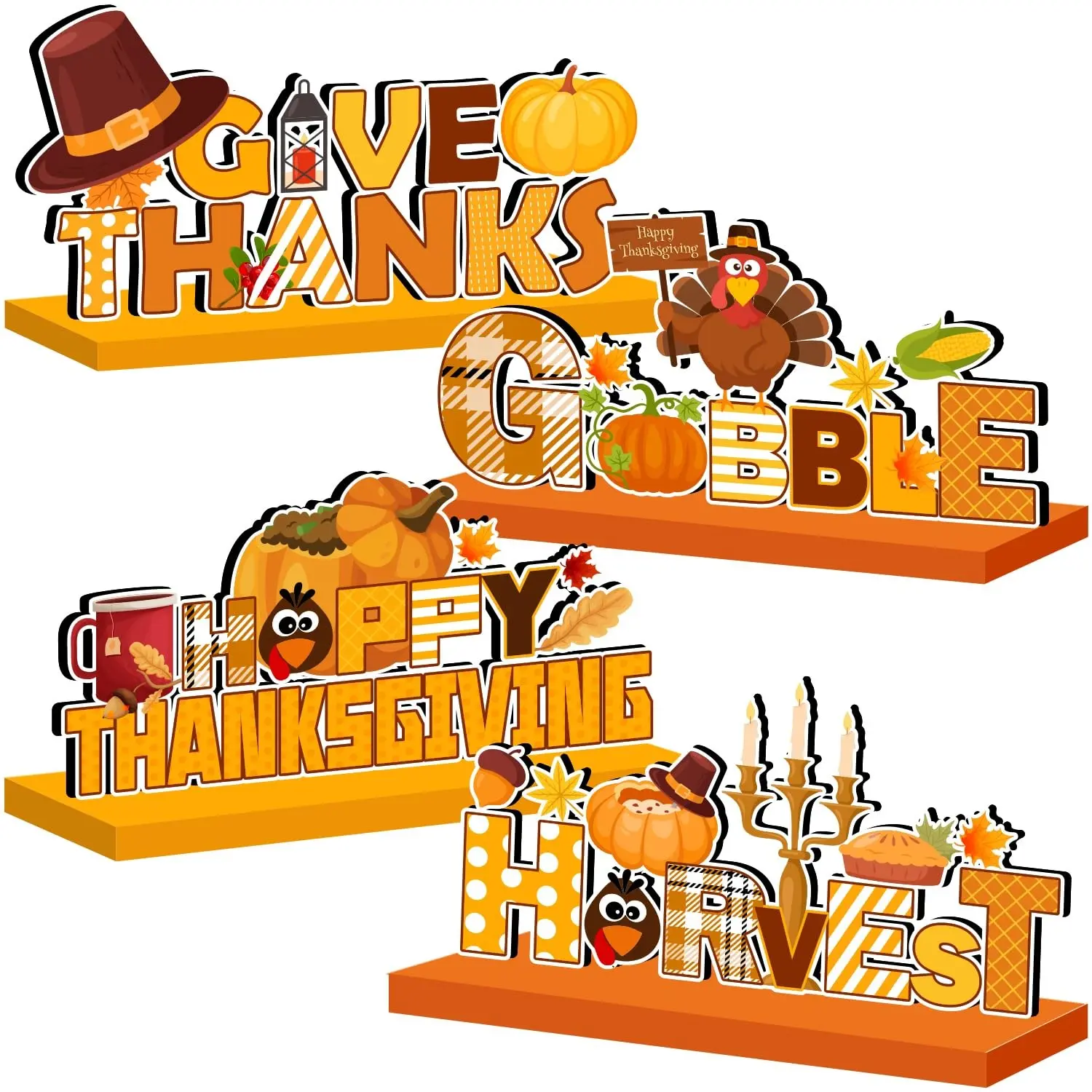 4-Piece Thanksgiving Wooden Desktop Decor, Turkey Pumpkin Maple Leaf Pilgrim Hat, Fall Harvest Centerpiece, Rustic Kitchen Fireplace Shelf Decoration, Festive Decoration