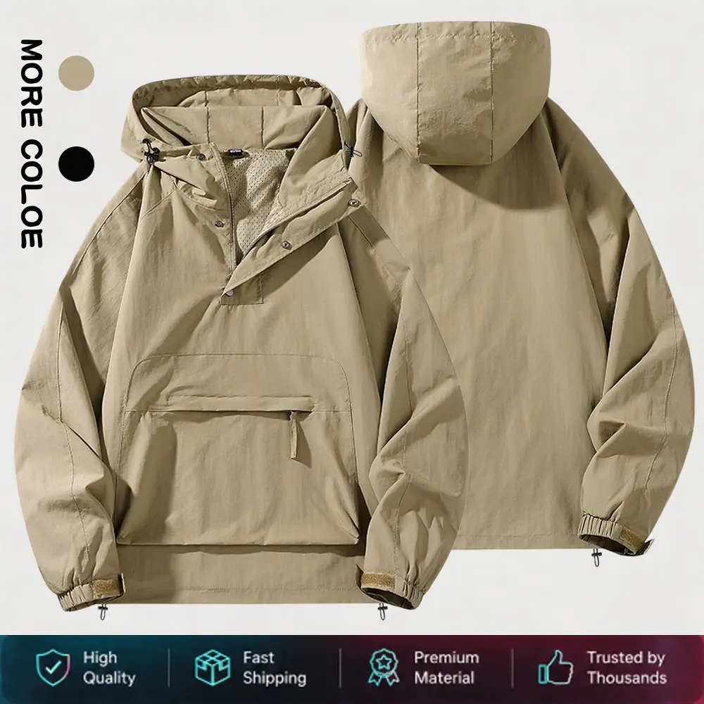 Men’s waterproof, windproof hooded jacket — casual loose fit for outdoor hiking/mountaineering, pullover workwear style, lightweight raincoat