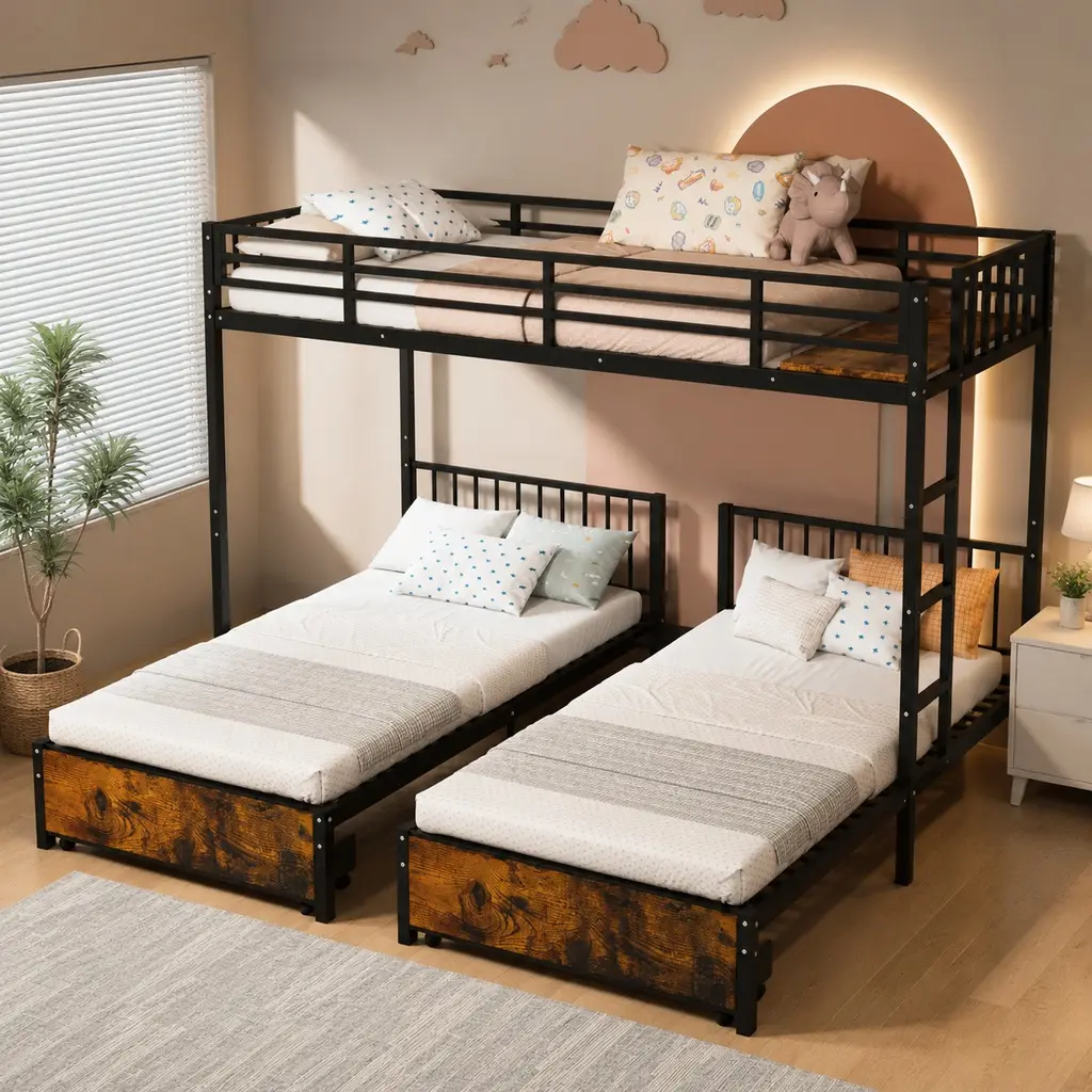 ARCH Triple Bunk Bed for Kids, Metal 3 Twin Bunk Beds, Separates into 3 Twin Beds, Noise Reduced Structure, Black
