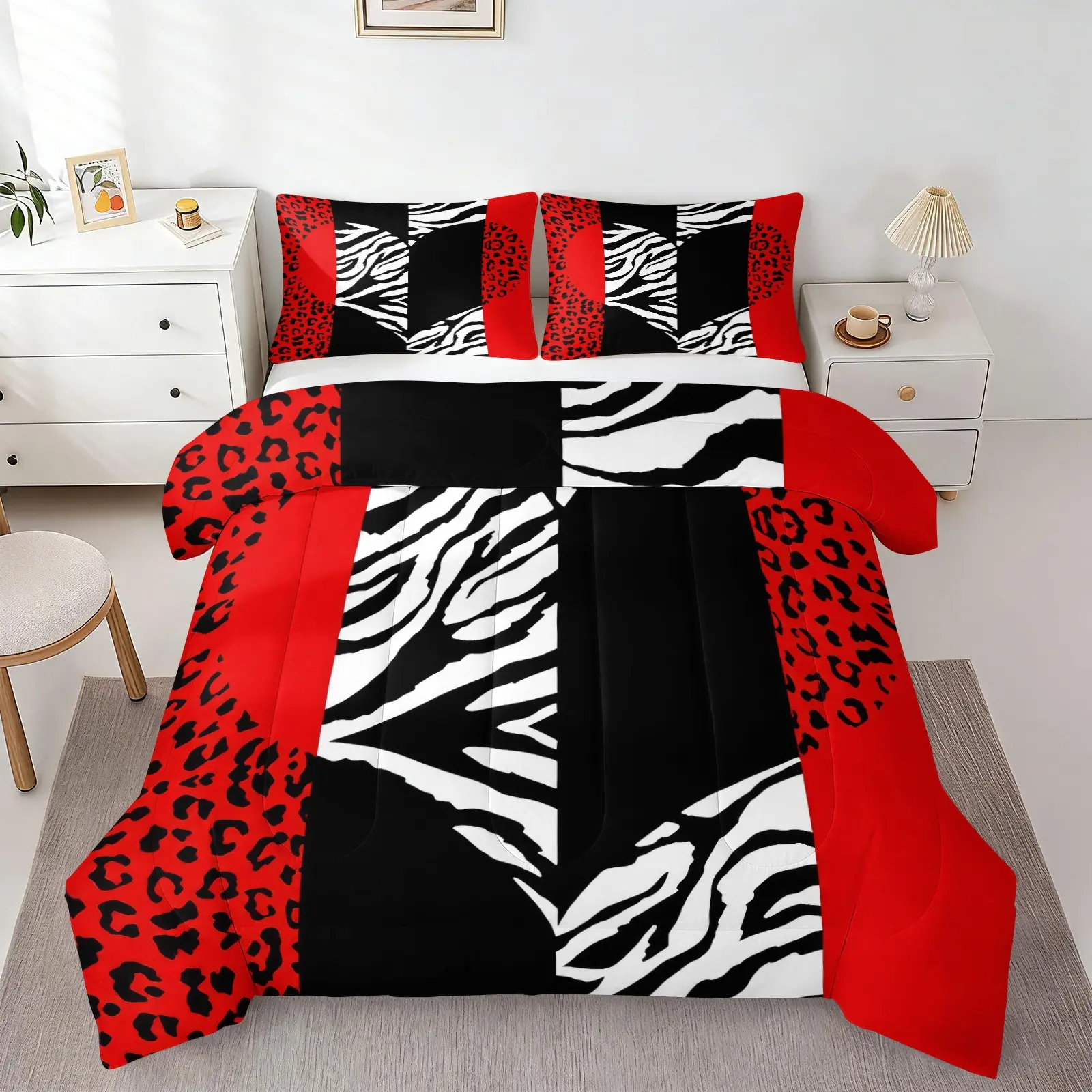 Leopard Zebra Comforter Set, Wild Animals Skin Bedding Set for Teens Adults Room Decor, Red Black Geometric Striped Heart Romantic Microfiber 1 Quilt & 1/2 Pillowcases No Pillow Insert