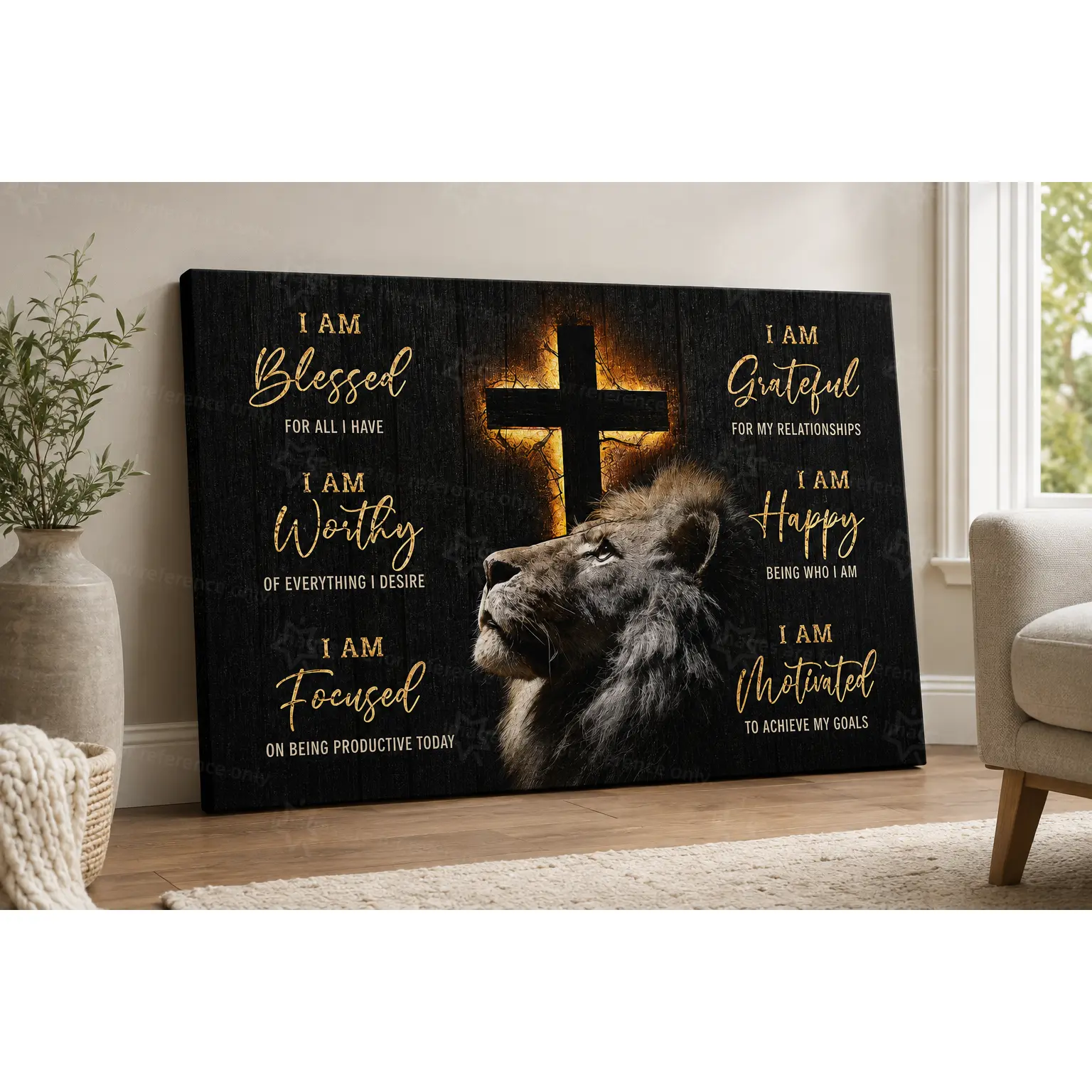 1pc Lightweight Wood Framed 2D Elegant Printed Artwork - Artistic Inspirational Lion and Cross Canvas Wall Art with "I Am Blessed" Quote, Living Room & Bedroom Home Decor, Perfect Holiday Gift