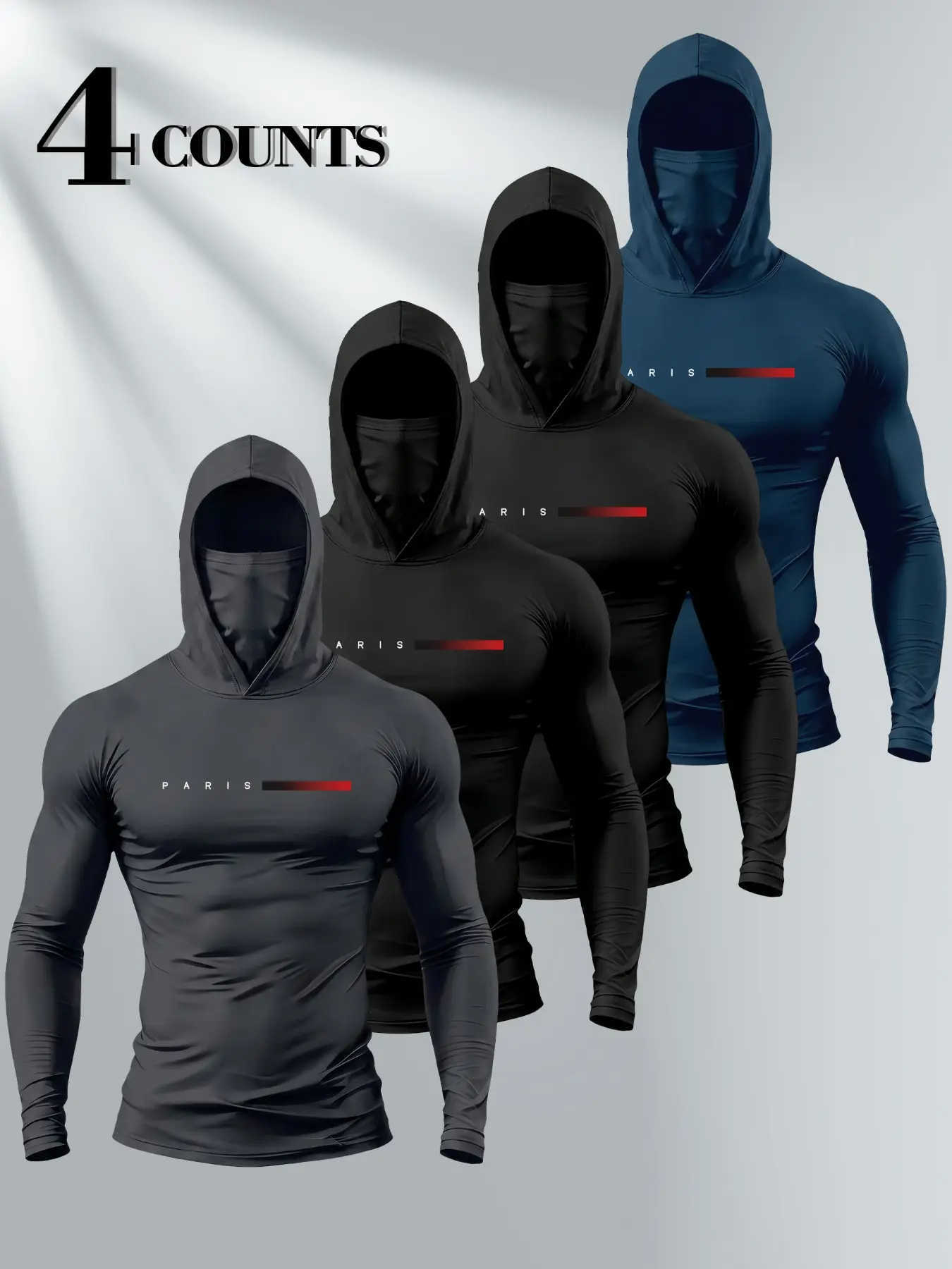 Paris Gradient Stripe Hooded Tight Long Sleeve Set, High Stretch Quick-Dry Motorcycle Outdoor Fitness Slim Fit Underwear, 4-Piece Pack