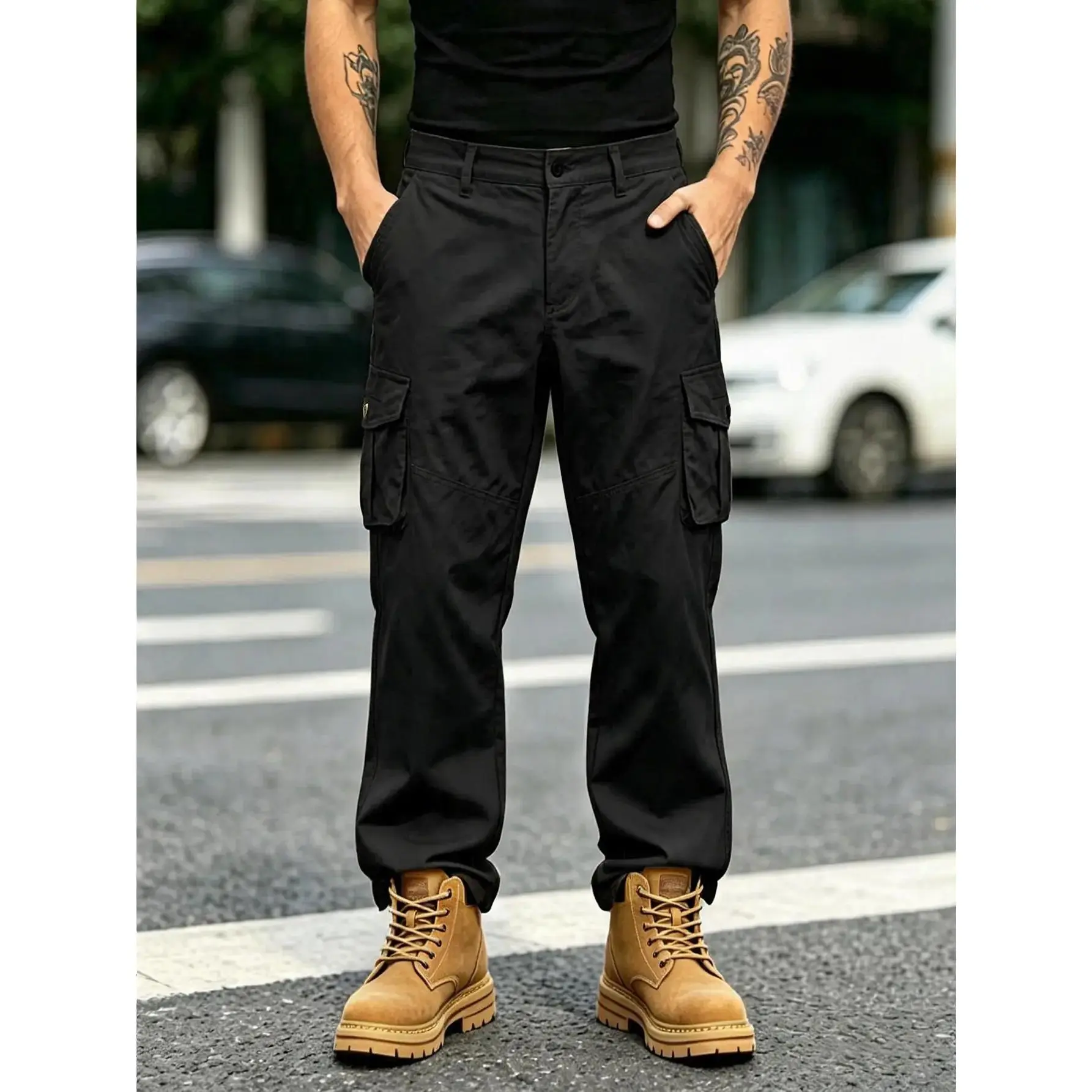 Men’s outdoor waterproof multi-pocket cargo pants, straight-leg, wear-resistant, tactical workwear for hiking/trekking, available in four colors, versatile casual long pants
