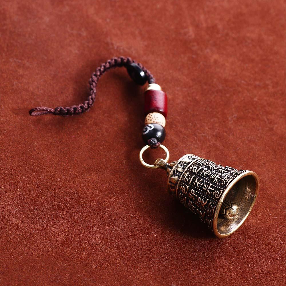 Brass Bell Keychain Pendant Engraved Mantra Charm Handmade Woven Rope Lanyard Hanging Ornament for Keys Bag Decoration Craft Accessory