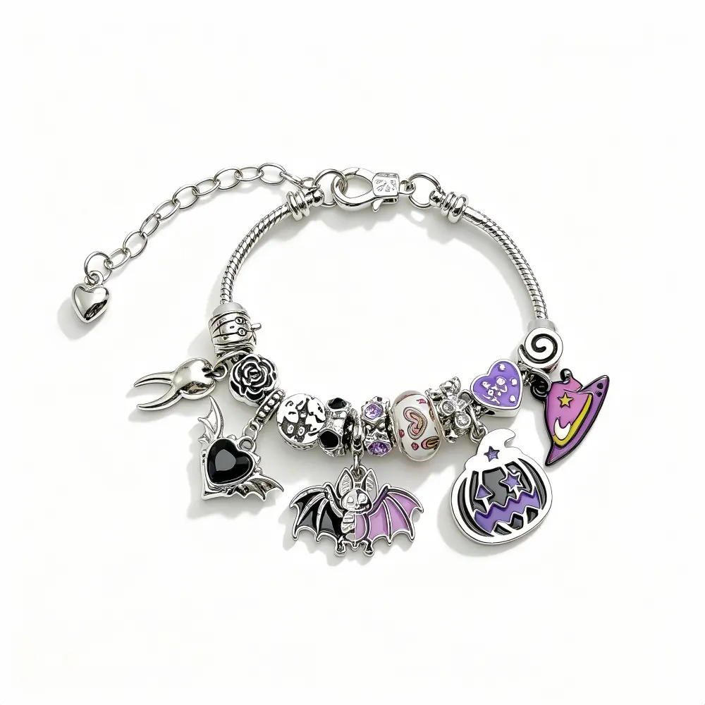 Halloween Purple Black Pastel Goth Charm Bracelet Snake Chain Dangle Wristband Bat Pumpkin Witch Hat Heart Pendants Crystal Beads Spooky Season Alternative Fashion Jewelry Gift For Women
