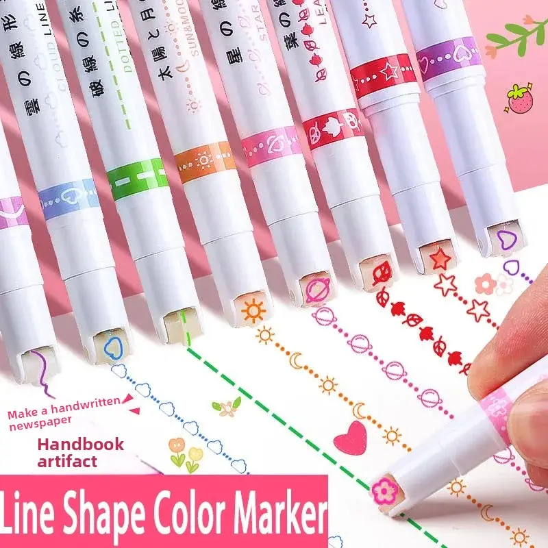 6 PCS Set A Kawaii Flower Line-Shaped Highlighter Pens - Roller Tip Curve Liner Markers, Boxed & Portable Stationery for Journaling, Scrapbooking, Hand Painting, School, Coloring, Back To School Gift, Soft Pastel