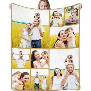 Family Collage Flannel Throw Blanket, Custom Picture Blanket with Asymmetric Layout Vintage Brown Frame, Soft Cozy Warm Throw for Couch Bed Sofa, Mother's Day Father's Day Gift for Mom Dad Parents, Personalized Photo Memory Keepsake Home Decor