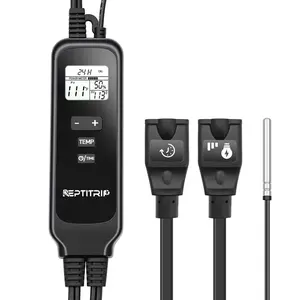 PT02T 2-in-1 Reptile Dimming Thermostat with 2 Sockets, PID Temperature Controller with Timer & Heating Control, Memory Function for Heat Lamps & Heat Pads