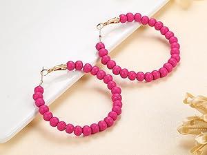 FUNRUN 4Pairs Hot Pink Earrings for Women Statement Earrings Geometric Heart Drop Hoop Earrings Boho Long Tassel Dangle Earrings