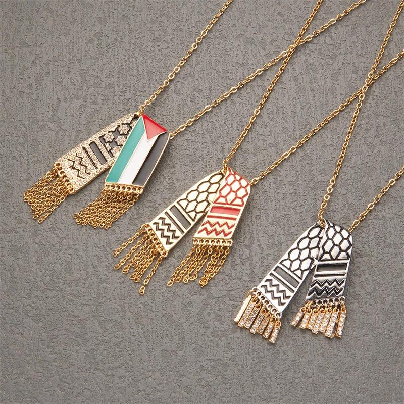 Vintage Enamel Palestine Flag Map Stainless Steel Pendant Necklace Brooch 2‑in‑1 Jewelry For Men Women