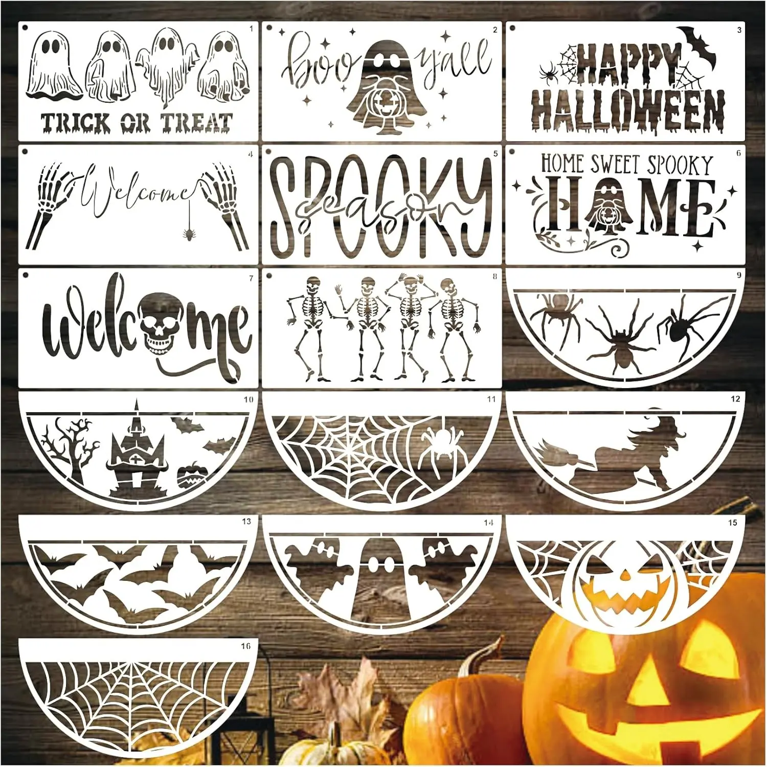 16-Piece Halloween Cutout Painting Template Set, DIY Pumpkin Lantern Decor Kit, Essential Home Halloween Decoration, Ghost Skull Stencil Templates