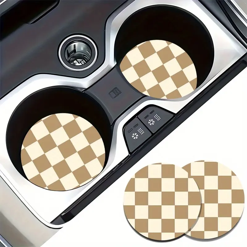 A Set of 2 Brown Checkered Cup Coasters, Suitable for Car Cup Holders - Well-designed, Non-slip, Durable, Ideal for Vehicle Interior Accessories, Perfect for Cup Holders