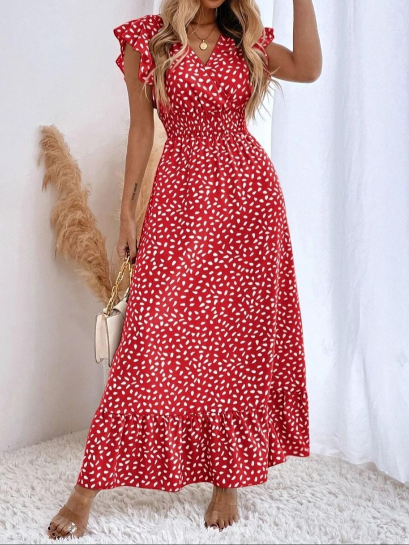 Women's Spring Summer Fashion Casual Floral V Neck Ruffle Waist Slim Bohemian Boho Style Dress, Long Cap Sleeve Fitted Wrap Dress for Vacation Women's Spring Summer Fashion Casual Floral V Neck Ruffle Waist Slim Bohemian Boho Style Dress, Long Cap Sleeve Fitted Wrap Dress for Vacation