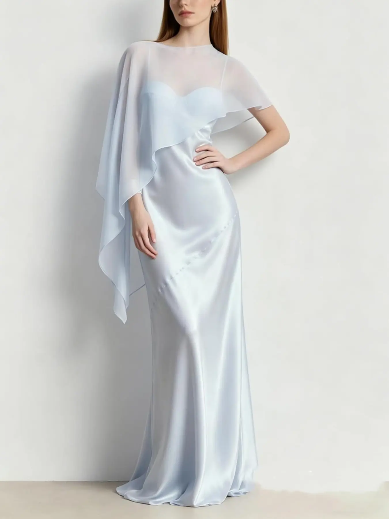 European and American Bridesmaid Asymmetrical Lightweight Chiffon Shawl Cape, Evening Dress Outerwear, Stage Walk Show Wrap