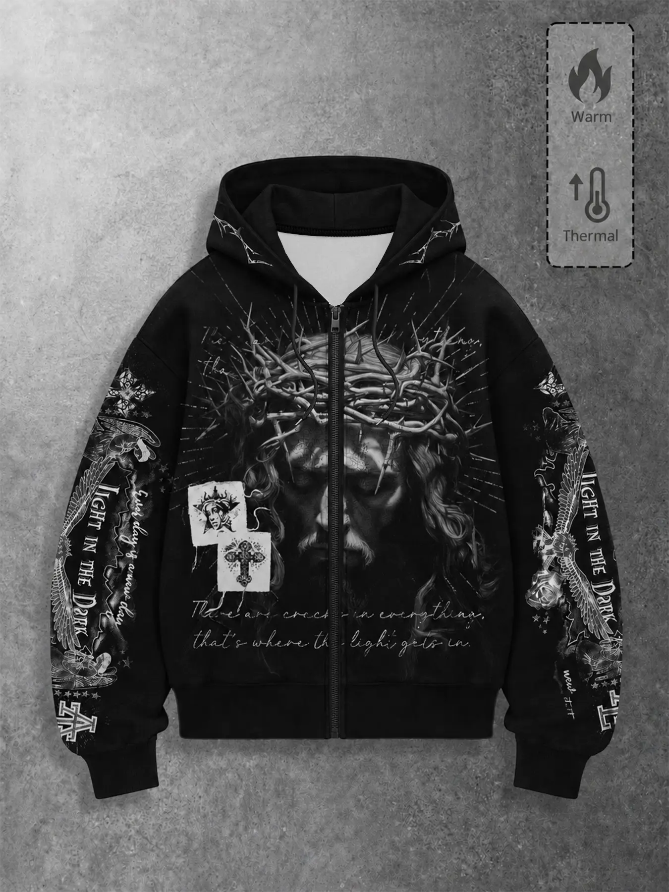 Men Gothic Full‑Zip Hooded Cropped Jacket, Vintage Religious Figure Cross Eagle Letter Graphic Print Zip Up Hoodie, Loose Drop Shoulder Long Sleeve Thermal Warm Streetwear Coat, Y2K Punk Oversized Outerwear For Daily Street Dating Party Hangout Club Going
