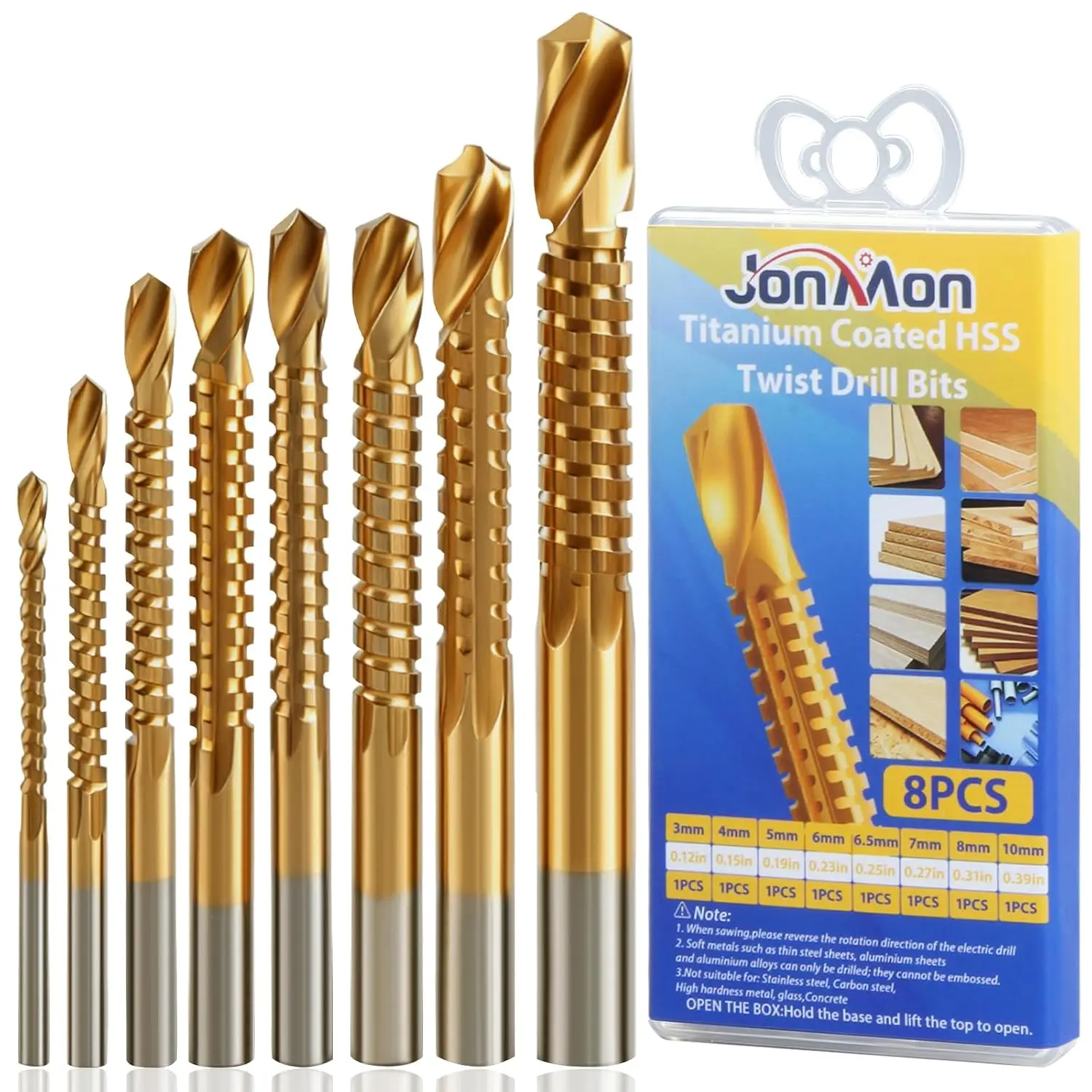 8-piece set of titanium-coated high-speed steel twist drill bits - 3-10mm serrated drill bits for drilling, grooving, and side cutting, woodworking expansion tools, suitable for wood, plastic, aluminum, and thin metal