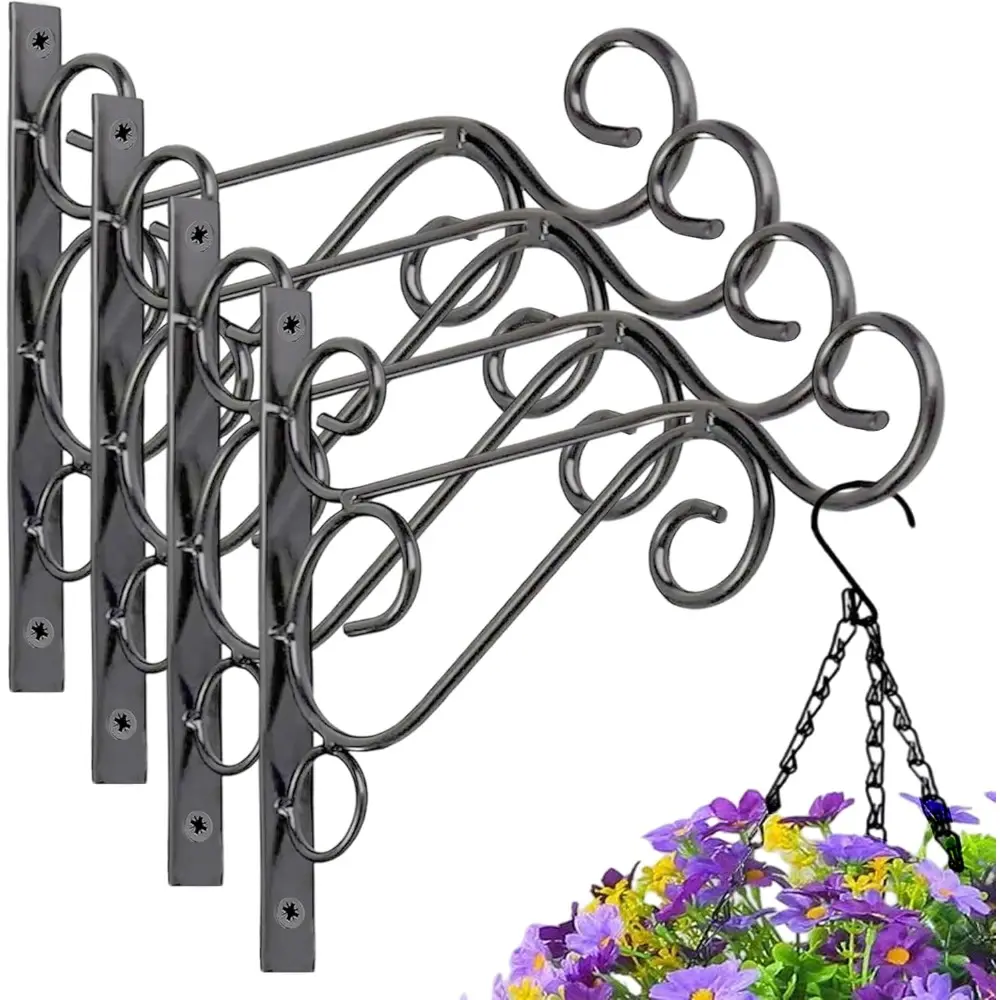 4pcs 10-inch Rust-proof Metal Wall Mount Plant Hanging Bracket, Heavy Duty Plant Hanger Hooks, Indoor Outdoor Wall Holder for Hanging Flower Baskets, Plant Lanterns and Bird Feeders, Sturdy Decor Plant Support Hook for Garden Balcony Decor