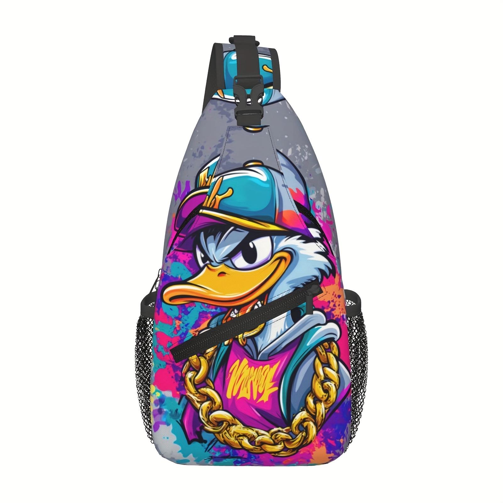 Large Hip-Hop Backpack with Bold Duck Chain - Heavy-Duty Machine-Washable Polyester Crossbody Bag, Adjustable Strap & Zipper Closure - Spacious Backpack for Travel, Hiking, Cycling, - Urban Streetwear Backpack for Men & Women (Blue/Purple/Pink/Black/Gray)