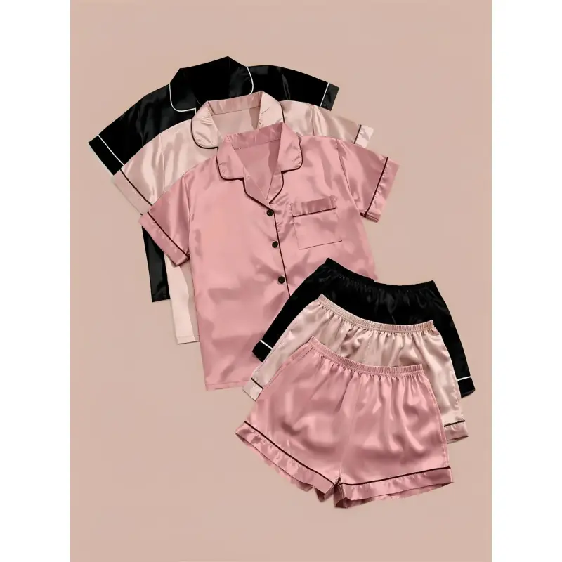 Women's Solid Satin Pyjama , Short Sleeve Button Front Lapel Shirt & Contrast Binding Shorts PJ , Summer Sleepwear  Matching Casual Pajamas Loungewear Womenswear women's pajamas  black workout sporty yoga oversize men outdoor wear short pj set tracksuits