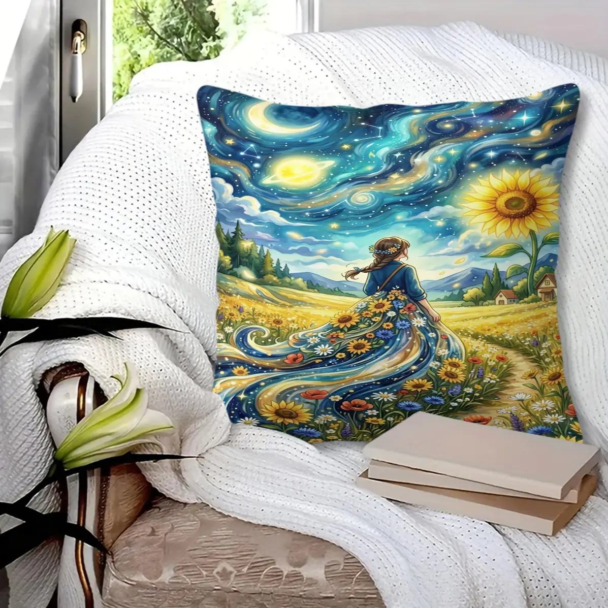 Cosmic Fantasy Style Pillow, Machine Washable, Diverse Artistic Trendy Print, Plush and Soft Filling, Universal for All Scenes and Crowds, Sofa Decorative Cushion (Includes Removable Pillow Insert)