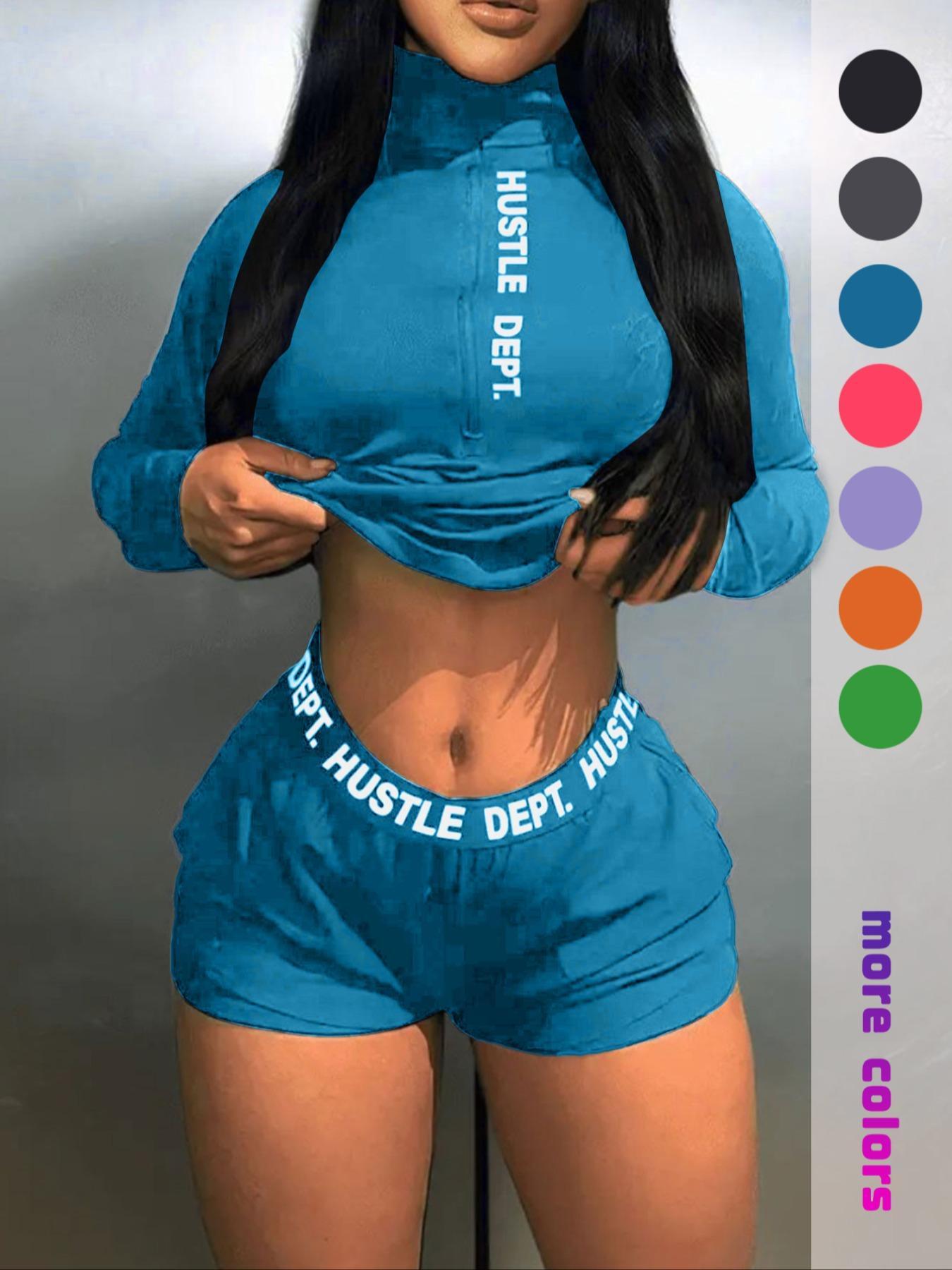 Women's Letter Print Zipper Stand Collar Top & Pocket Shorts Set, Casual Long Sleeve Top & Shorts for Summer, Ladies Clothes for Daily Wear, Womenswear