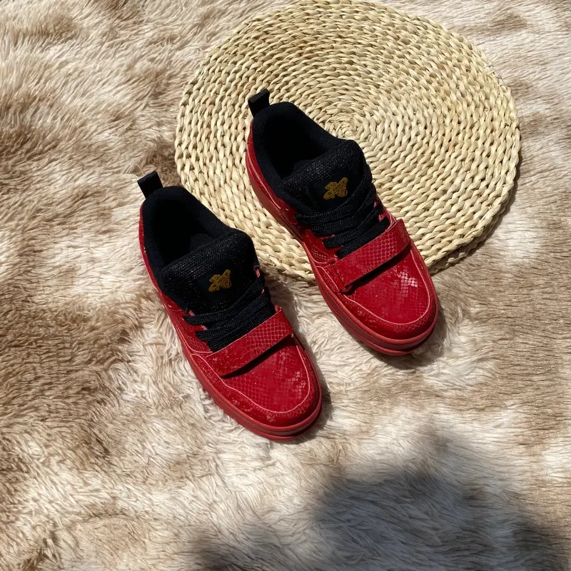 Bright Red Snake Texture Height Increasing Board Shoes For Men Women, Wearable Thick Sole Sneakers, Skin-friendly Comfort Inner Material, Various Large Sizes In Stock, Trendy Street Footwear For Daily Casual And Hip-hop Outfits