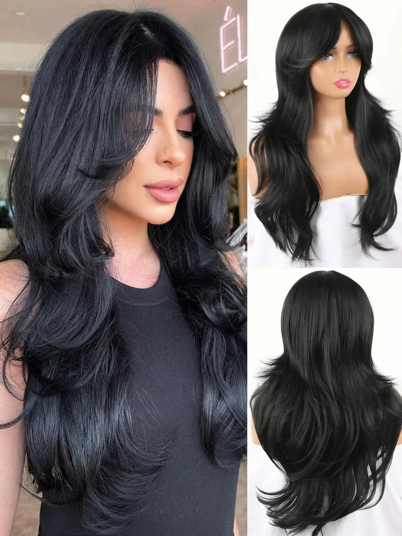 Tiktok Hair Trend Wig, Fashion Fluffy Wigs, Long Layered Wavy Wig with Curtain Bangs, Effortless Volume, Fluffy Shaggy Style, Soft Synthetic Fiber, Bad Baddie Vibe