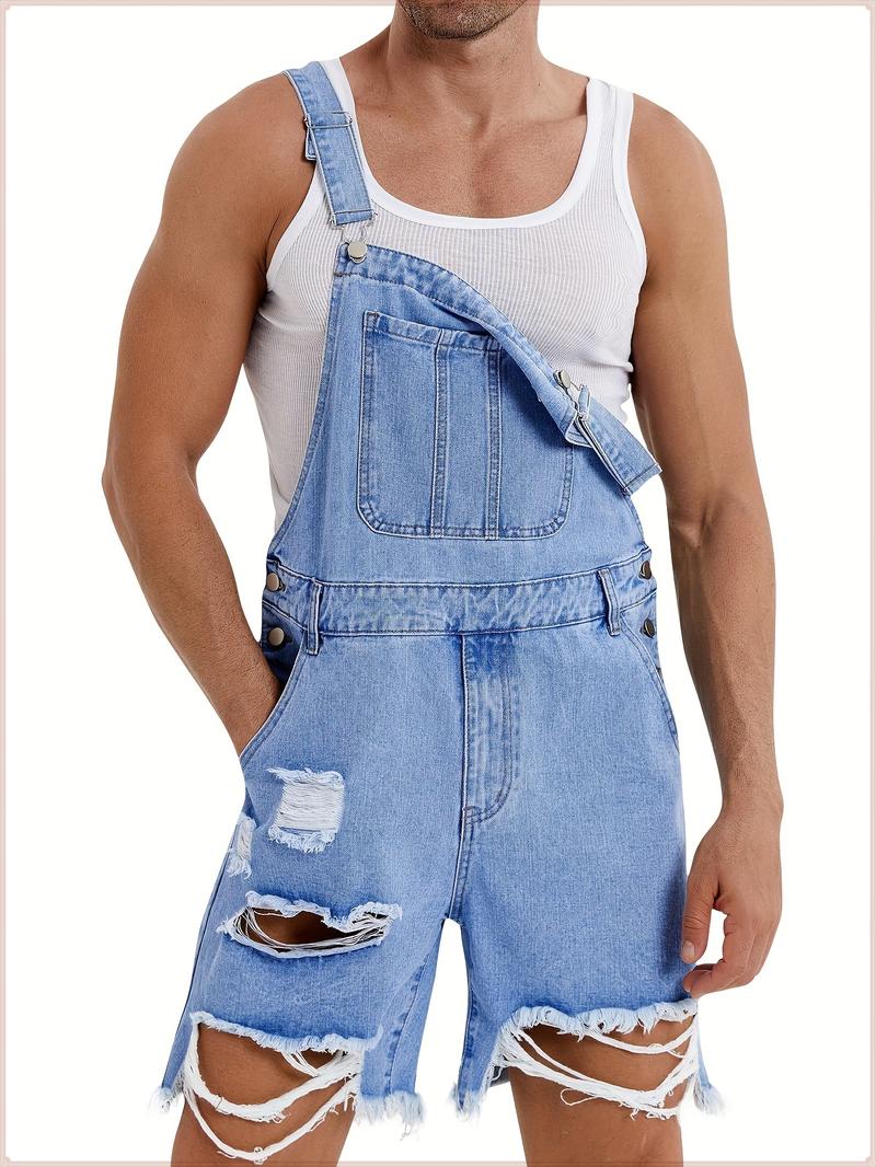 Runcati Men's denim shorts bib overall jean romper, offering a casual loose fit with buttoned pockets, perfect for summer wear as a comfortable and stylish jumpsuit.