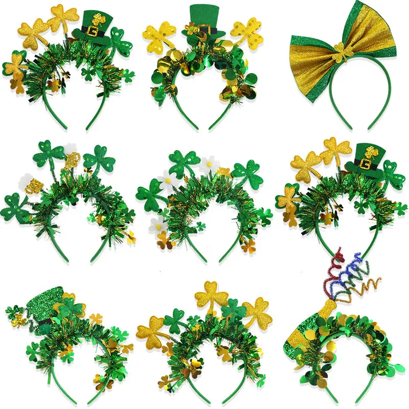 Irish Day Clover Headband with Gold and Green Stripes, St. Patrick's Day Hat Bow Headband