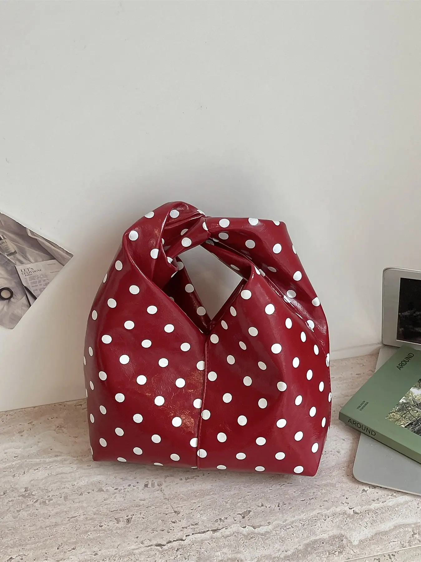1pcNew French black and white polka dot knotted handbag with soft leather texture and large capacity commuting handbag