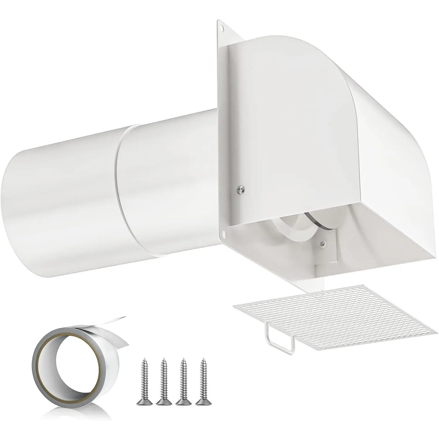 [Upgraded]  4 Inch Hooded Wall Vent with  Flap and Removable Mesh, Dryer Vent Cover Outside Arc-Shaped 4'' Exhaust Vent for Dryer/Bathroom/Kitchen Range (Galvanized Steel, White)