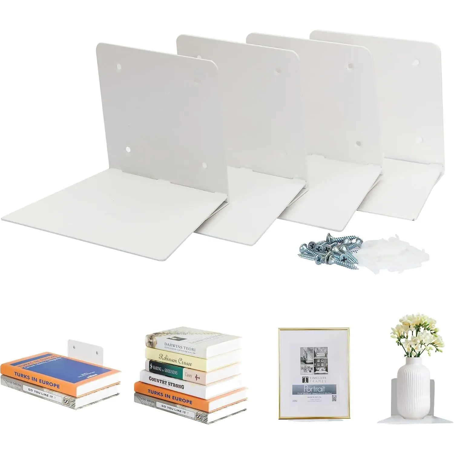 Invisible Floating Bookshelves Wall Mounted White | Heavy-Duty Steel Floating Book Shelves Hidden Bookshelf Hanging Shelf for Bedroom Living Room Office | Large 4-Pack