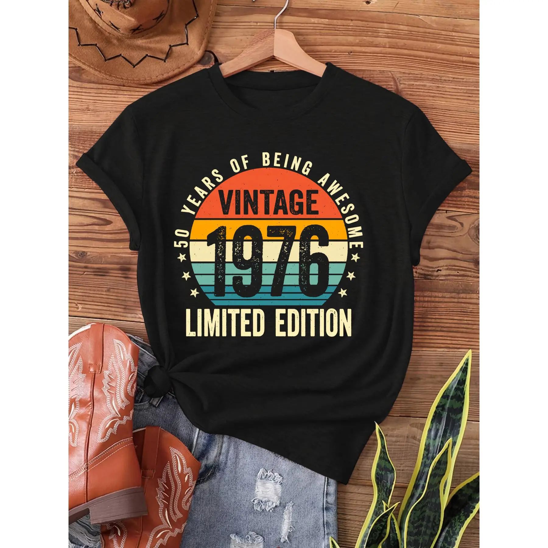 Women's Vintage 1976 Limited Edition 50th Birthday Print Cotton Knit T-Shirt - Short-Sleeve Crew Neck Casual Fit Top for Spring, Summer Womenswear, Shortsleeve, Fabric, Round Neck, Tshirt, 100% Cotton Women's T-Shirts, Regular Fit, All Seasons